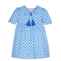tween girls blue geo patterned dress with scalloped sleeves and blue tassels