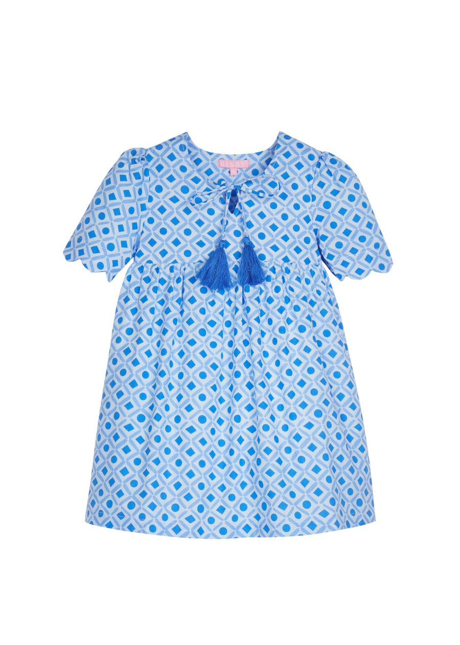 tween girls blue geo patterned dress with scalloped sleeves and blue tassels