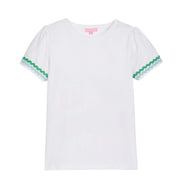 tween girls essential white tee with green and blue ric rac trim on the sleeves