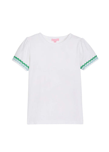 tween girls essential white tee with green and blue ric rac trim on the sleeves