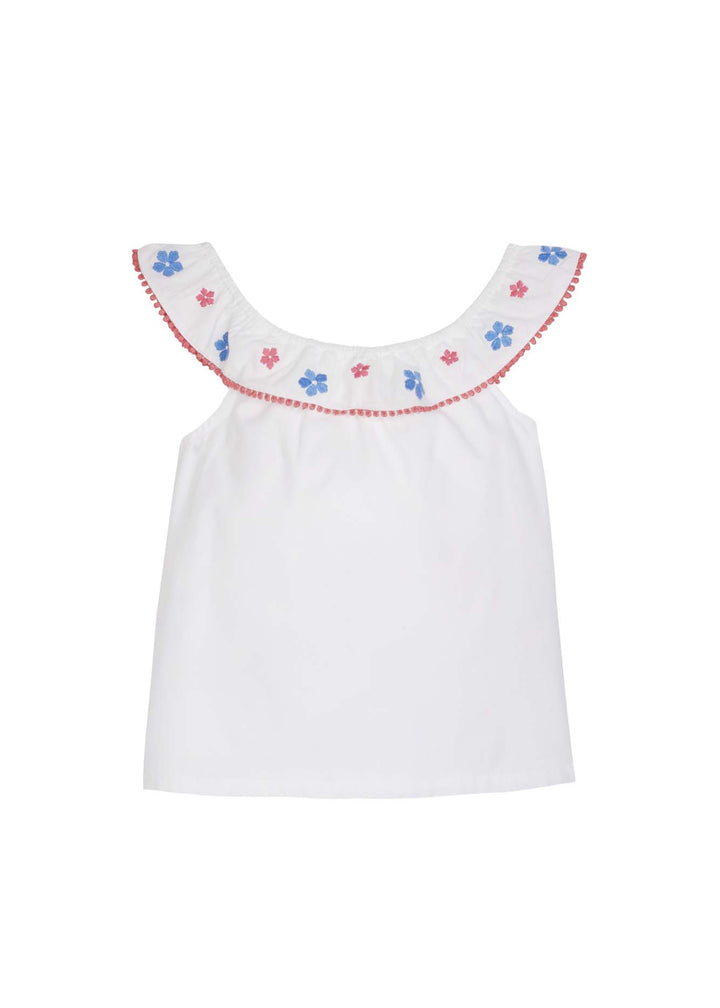 tween girls white tip with embroidered and pom pom trim neckline