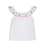 tween girls white tip with embroidered and pom pom trim neckline