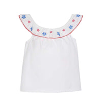 tween girls white tip with embroidered and pom pom trim neckline