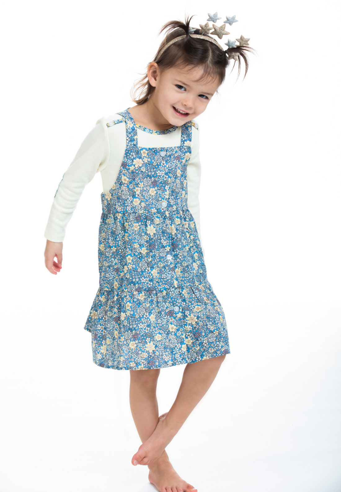 Blue and Yellow floral tiered pinafore dress for girls