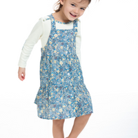 Blue and Yellow floral tiered pinafore dress for girls