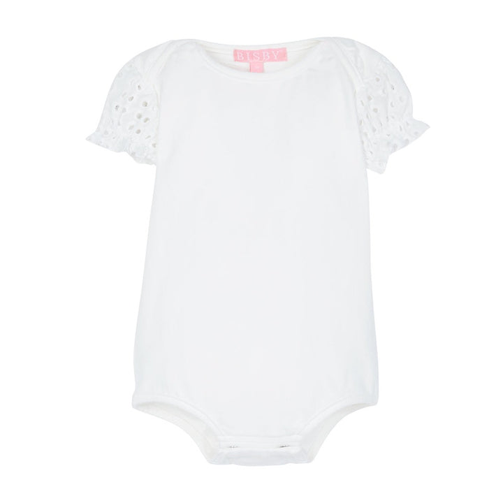 BISBY baby girl bubble with eyelet details on the sleeves and buttons at the stride.