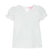 BISBY girl/tween t-shirt with a beautiful eyelet detailing along the sleeves. The back has a button closure at the neck as well.