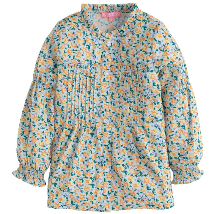girls tween clothing flowy floral blue and yellow blouse with pleats on chest and ruffles at collar