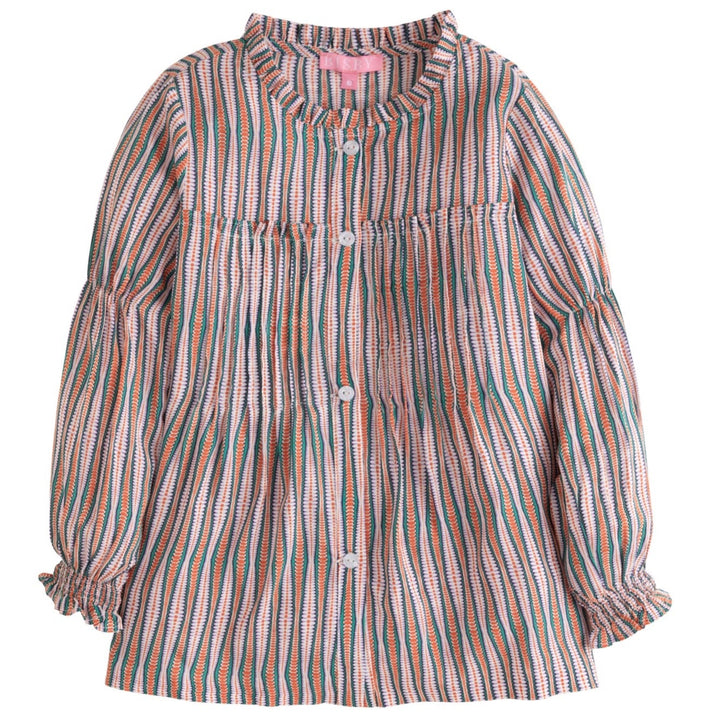 girls tween clothing flowy striped blouse in green orange and pink with pleats at chest and ruffles on the collar