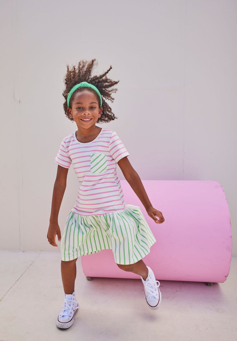 tween girls colorblock green and pink striped dress with front pocket 