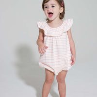 baby girl pink and orange striped bubble with ruffled neckline
