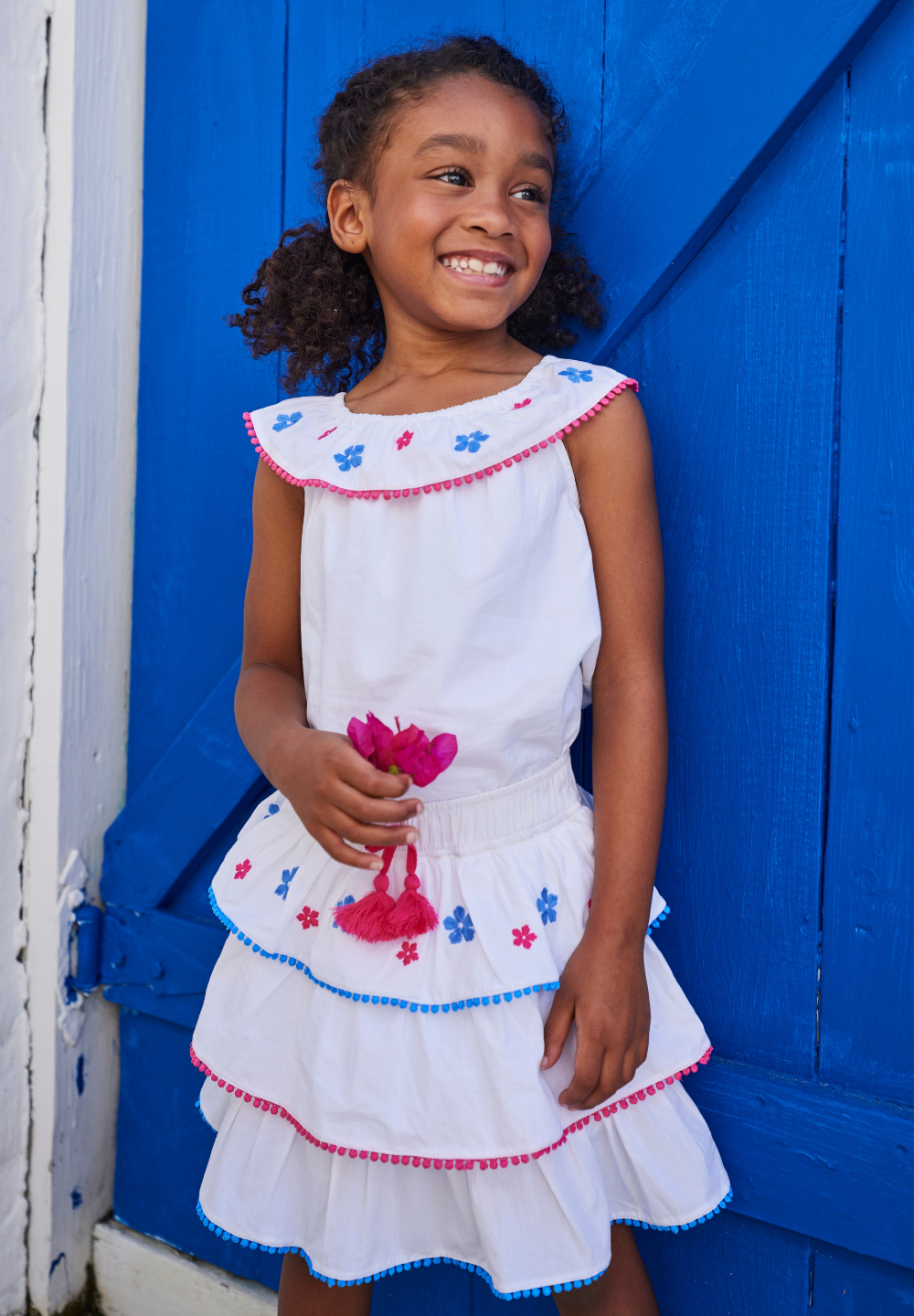 tween girls white tip with embroidered and pom pom trim neckline