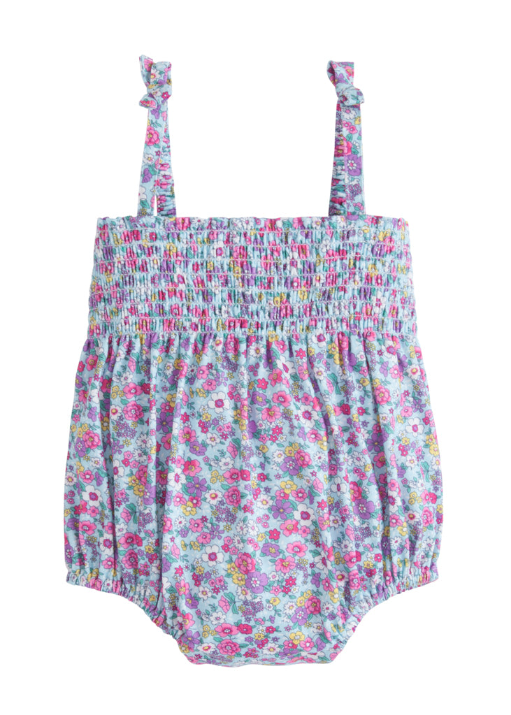BISBY baby girl lucy bubble in wildflower meadow blue with ruched bodice
