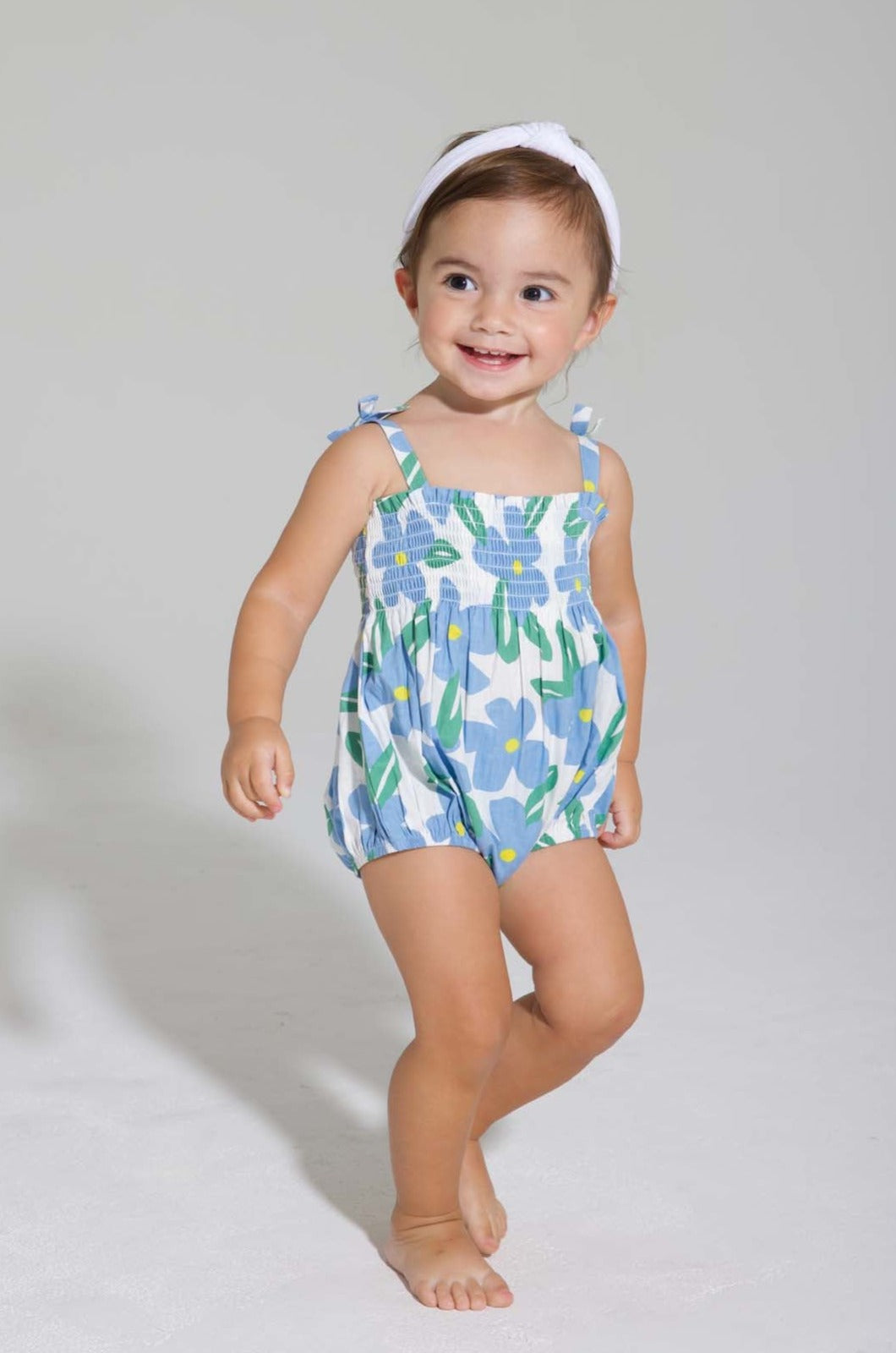 baby girl bubble with ruched chest, spaghetti straps with bows in a blue floral pattern