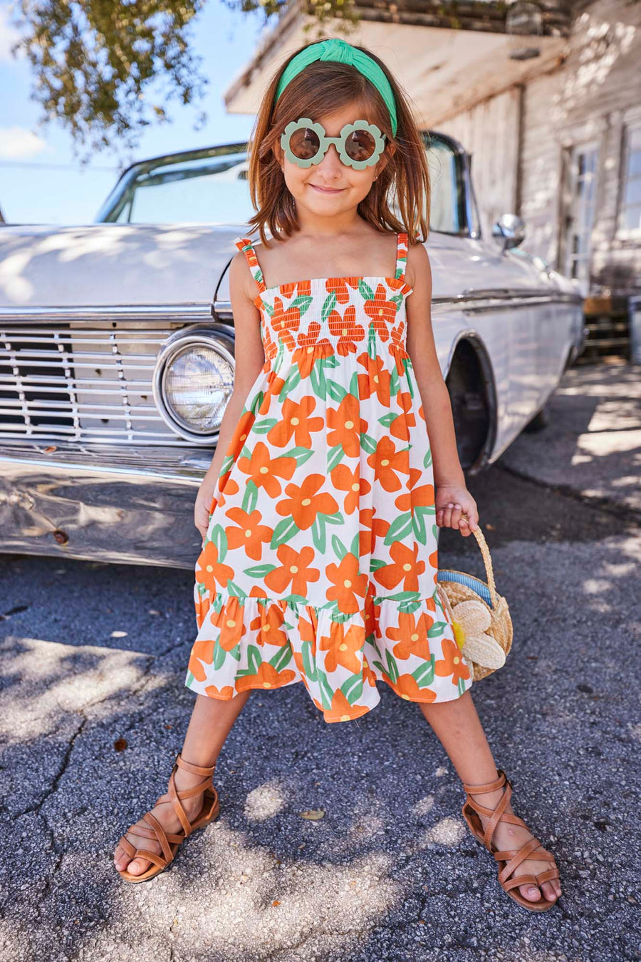tween girls strappy dress with orange large flower print