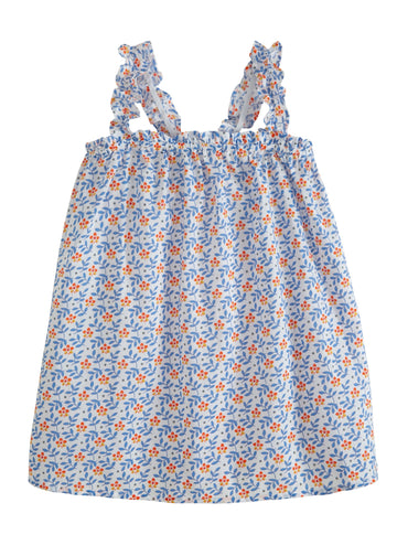 BISBY girls top with elastic neckline and straps in orange and blue blue floral pattern