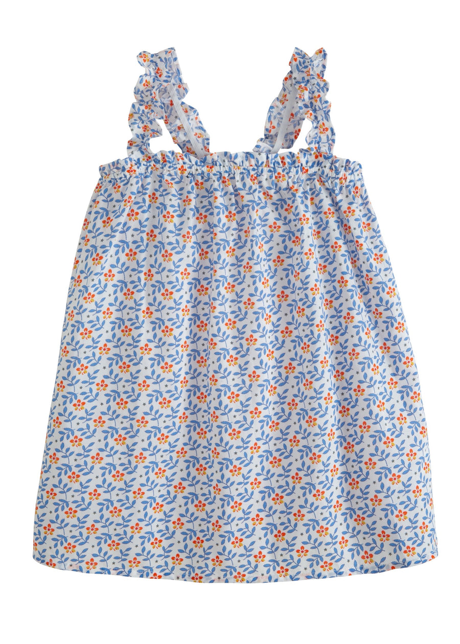 BISBY girls top with elastic neckline and straps in orange and blue blue floral pattern