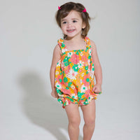 baby girl bubble with ruffled straps in orange pink and green floral pattern