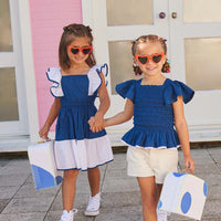 tween girls navy and white dress with cinched waist and ruffle sleeves 