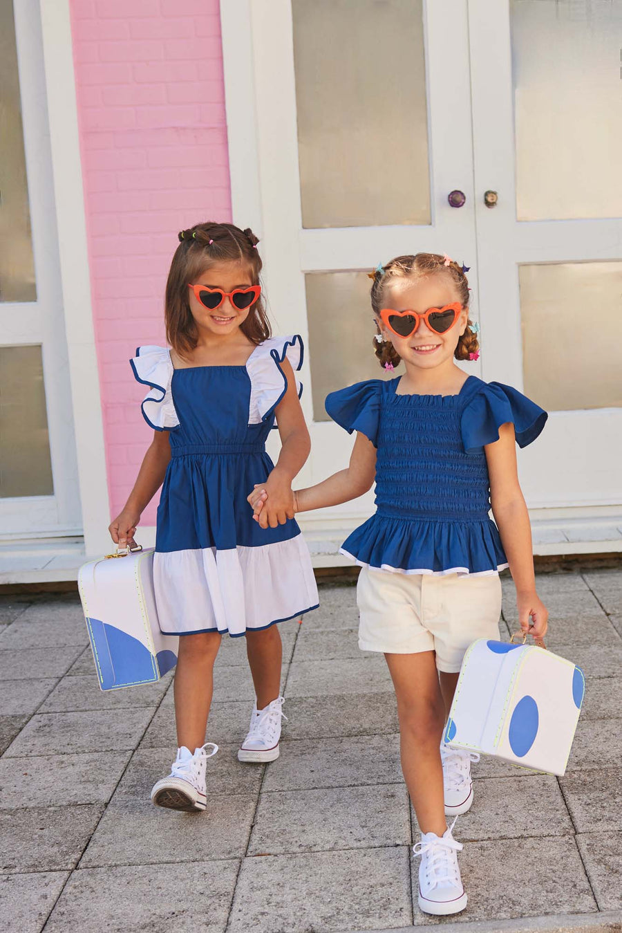 tween girls navy and white dress with cinched waist and ruffle sleeves 