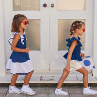 tween girls navy and white dress with cinched waist and ruffle sleeves 