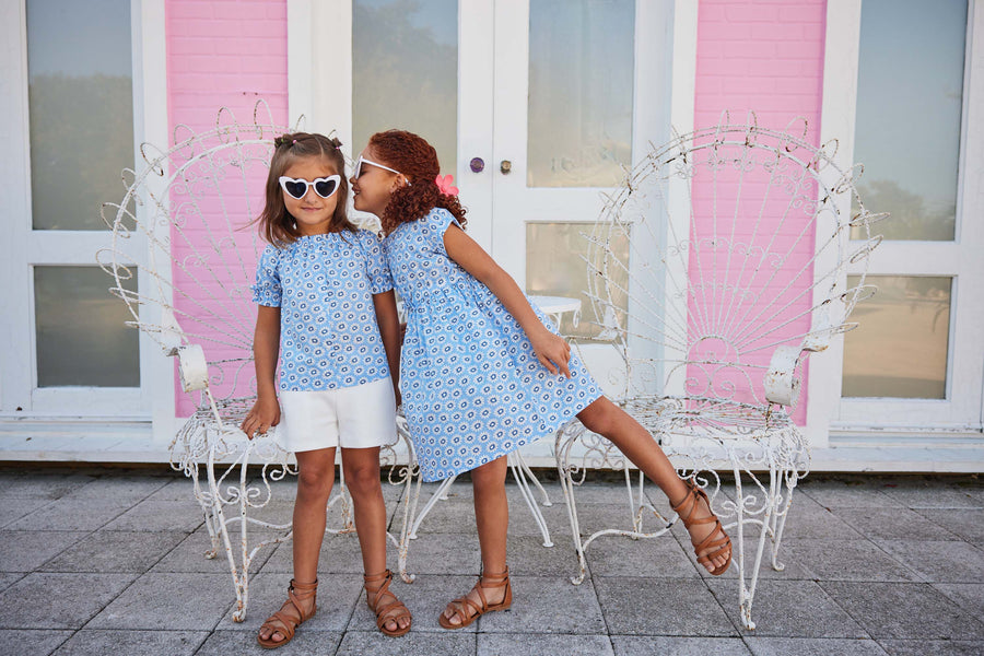 tween girls short sleeve top with buttons in periwinkle floral pattern
