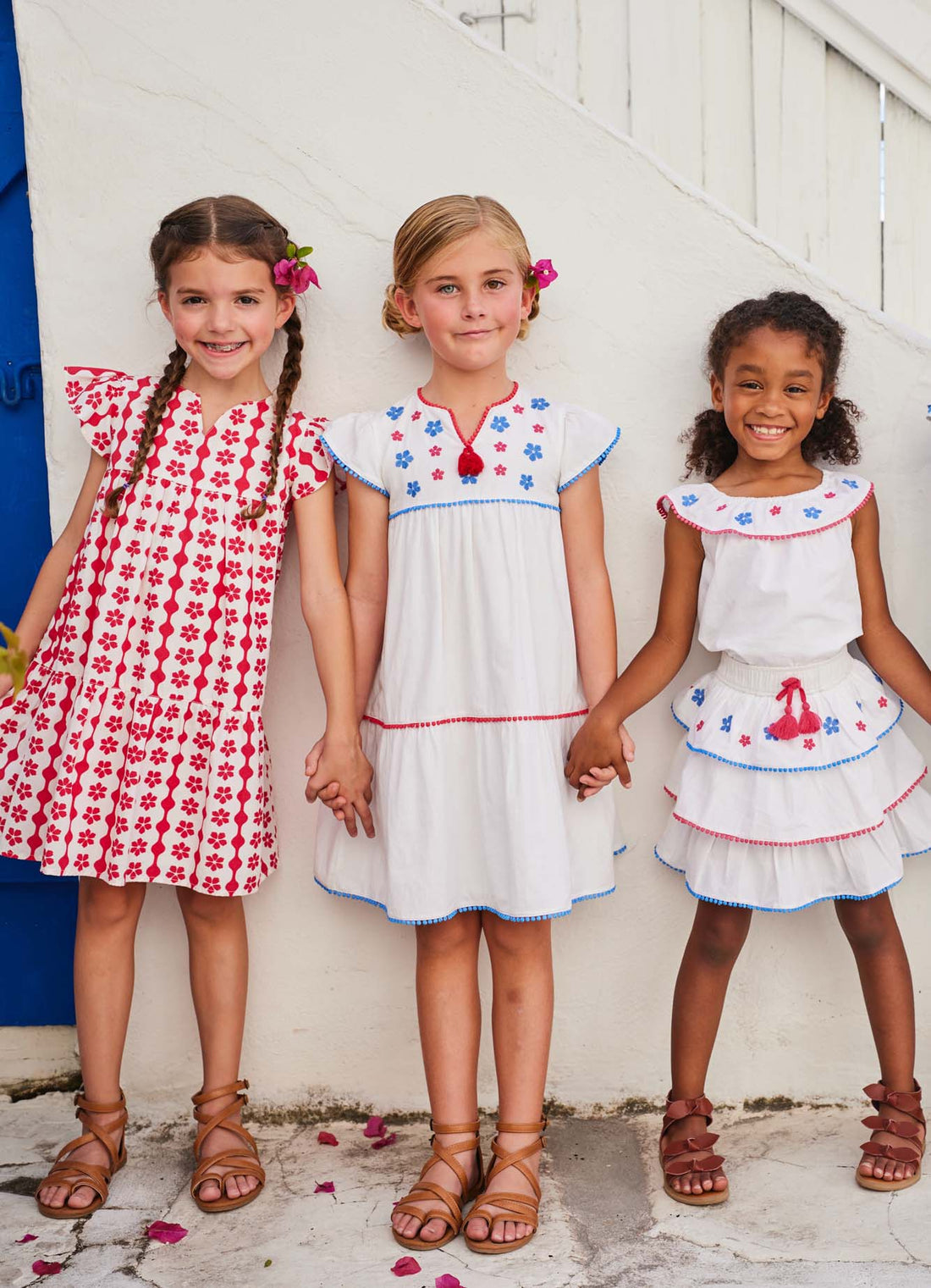 tween girls white tip with embroidered and pom pom trim neckline