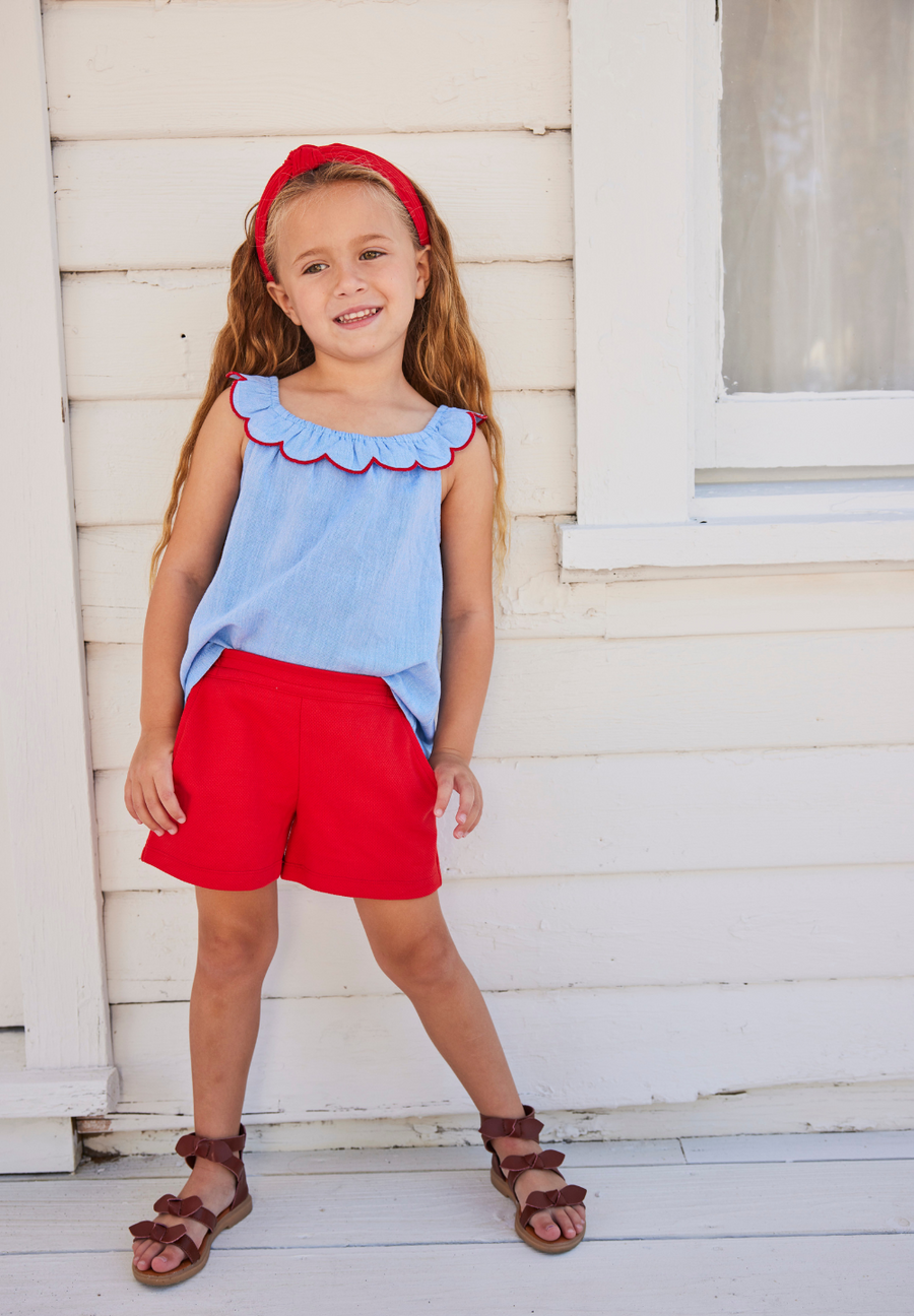 tween girls red shorts with elastic waistband with pockets 