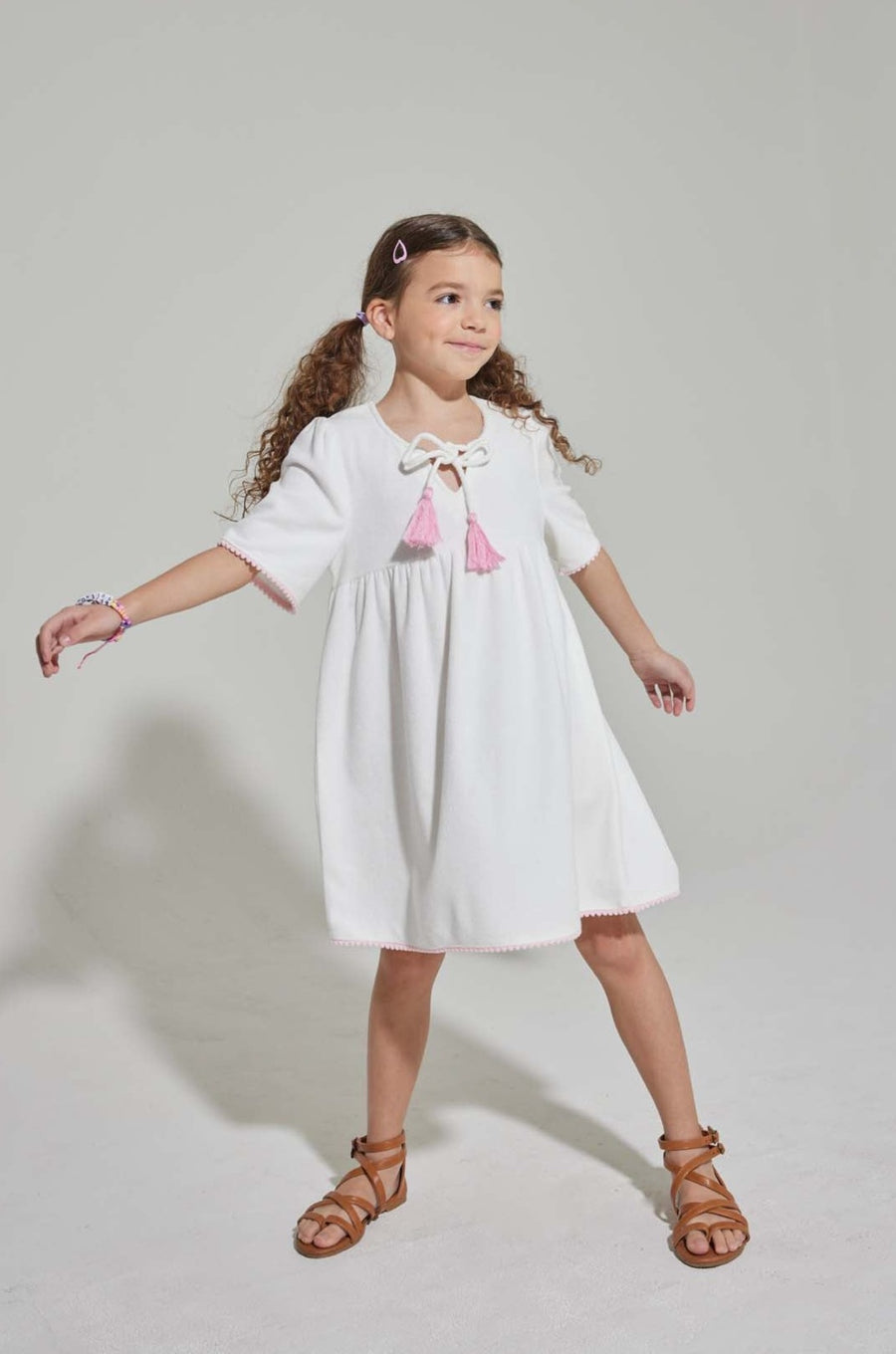 tween girls white terry cloth dress with pink trim and pink tassels