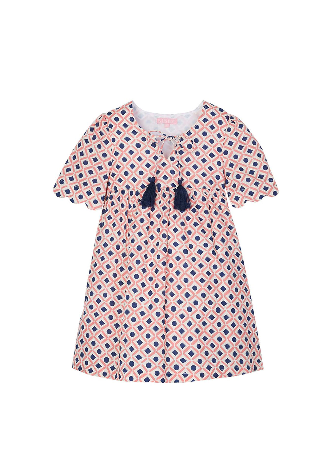 tween girls pink and navy geo print dress with scalloped sleeves and navy tassels