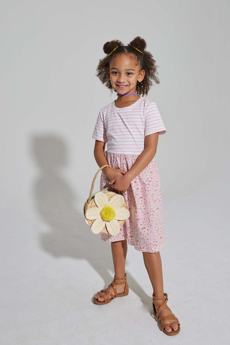 tween girls pink and white striped dress with pink floral skirt 