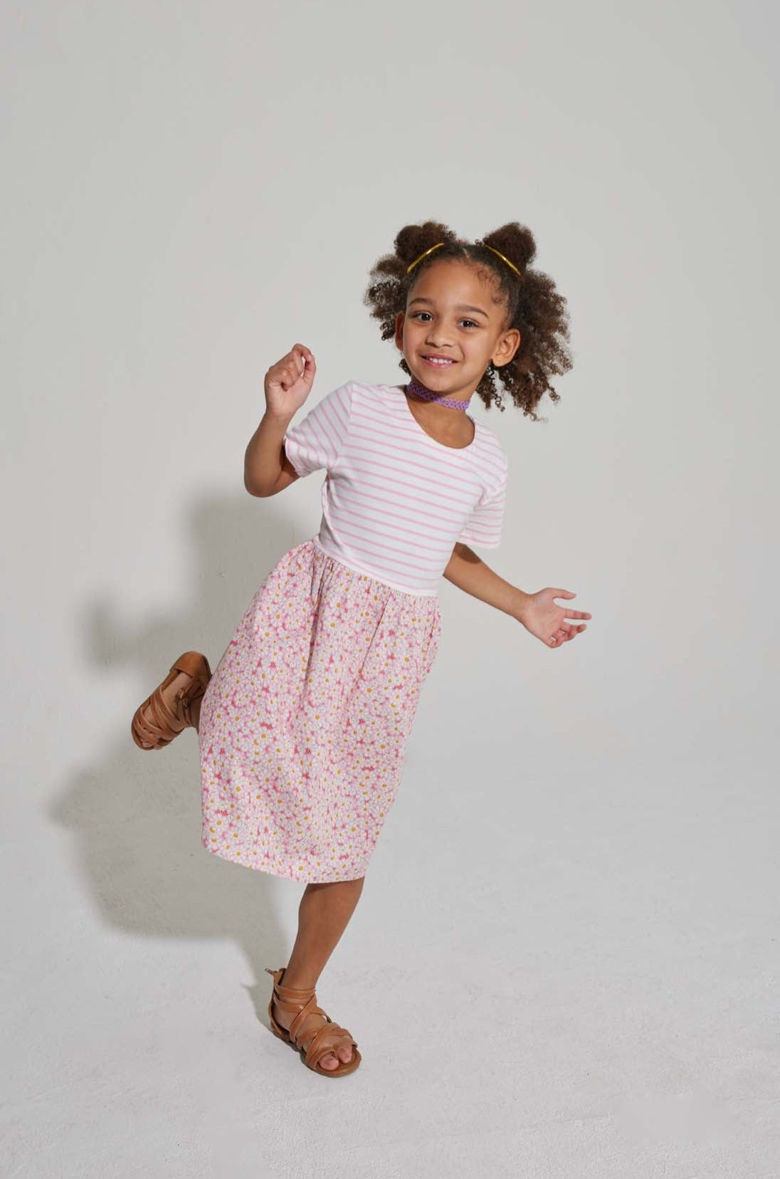tween girls pink and white striped dress with pink floral skirt 