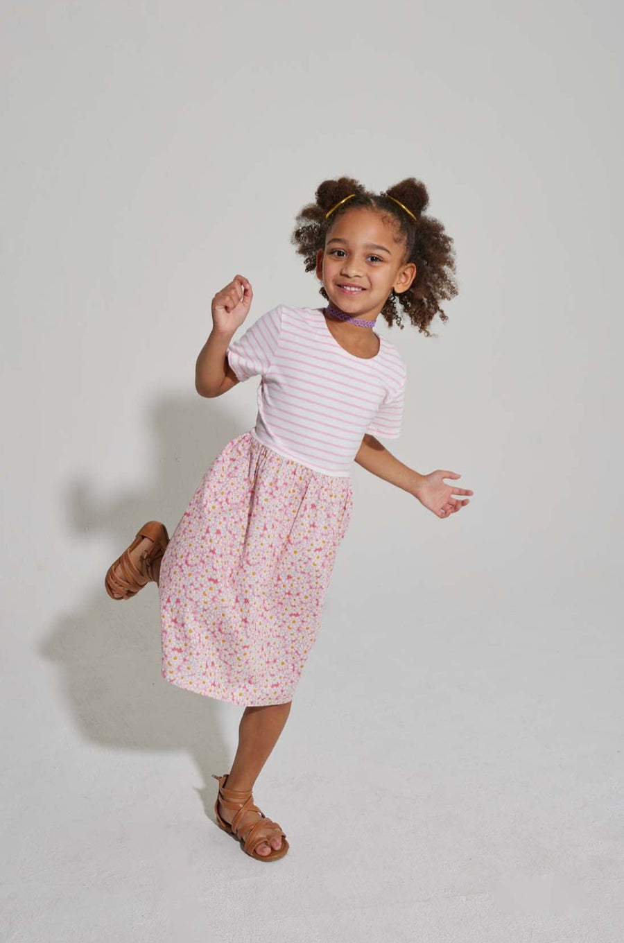 tween girls pink and white striped dress with pink floral skirt 