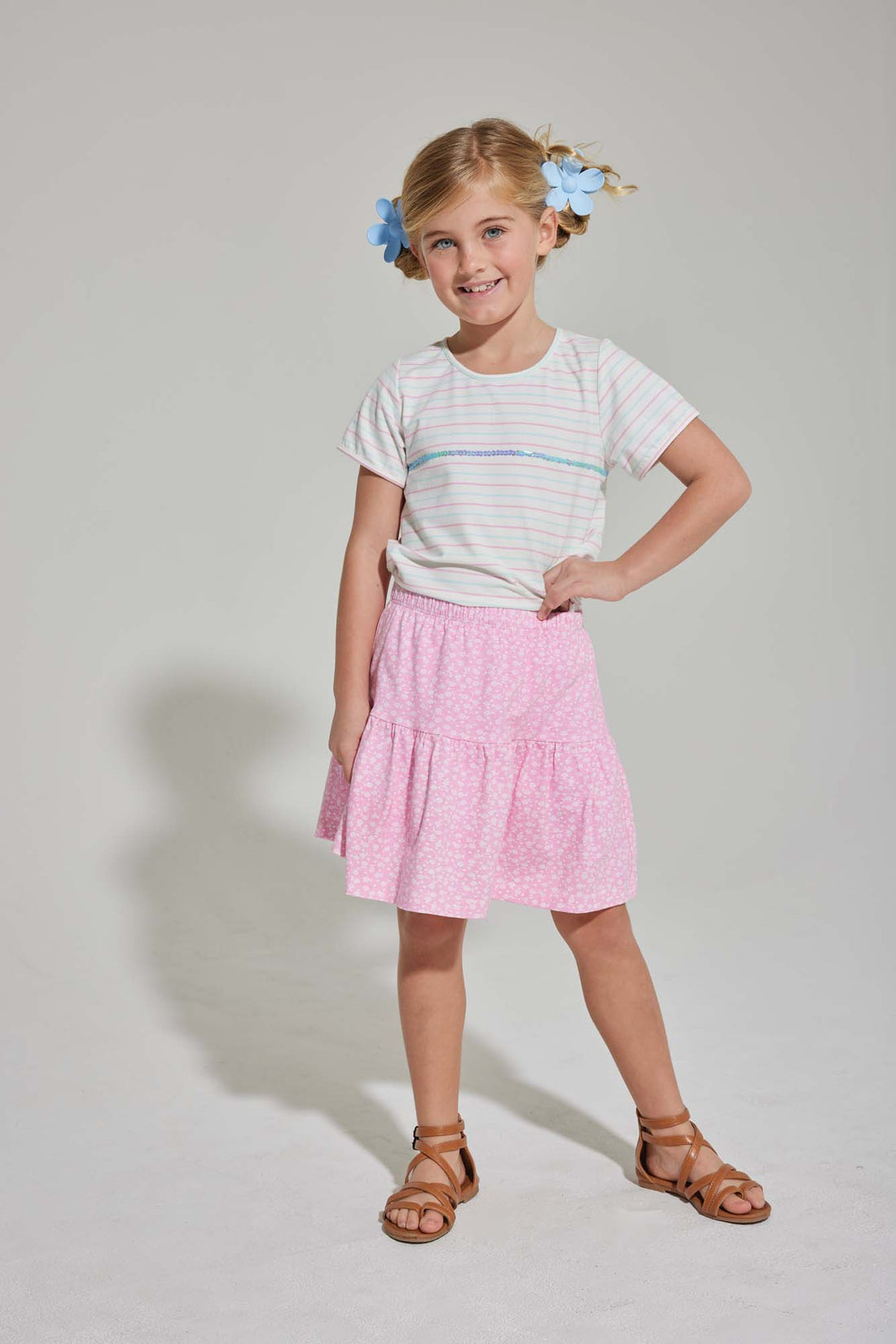 tween girls pink and aqua striped t-shirt with sequin stripe across chest