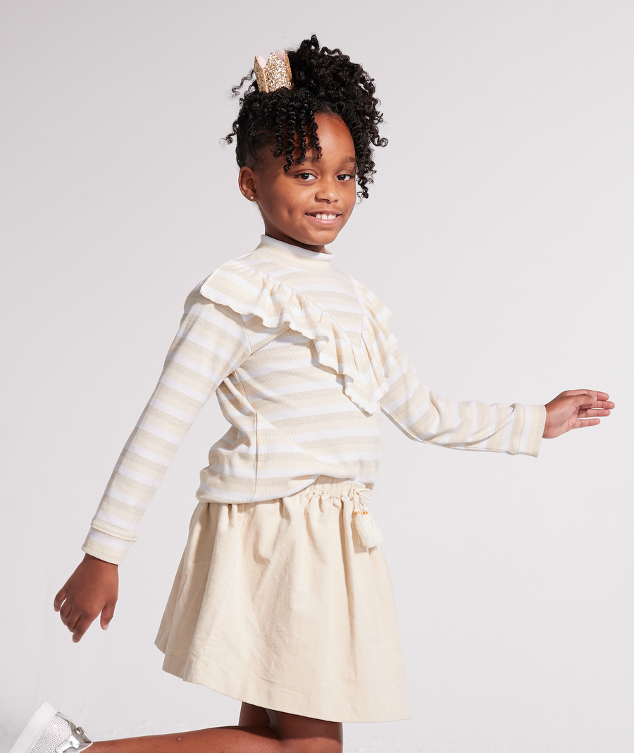 girls rib knit turtleneck top with ruffles, striped cream and white colors, tween girl clothing
