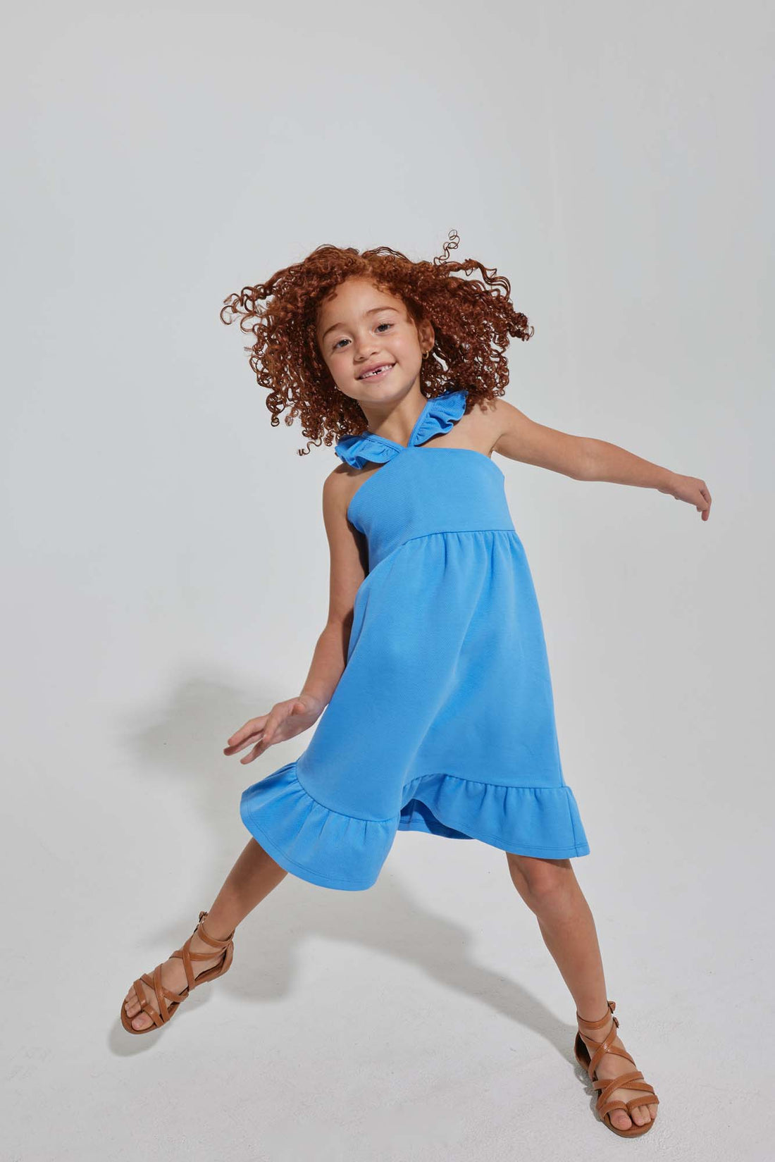 tween girls blue strappy dress with ruffles 