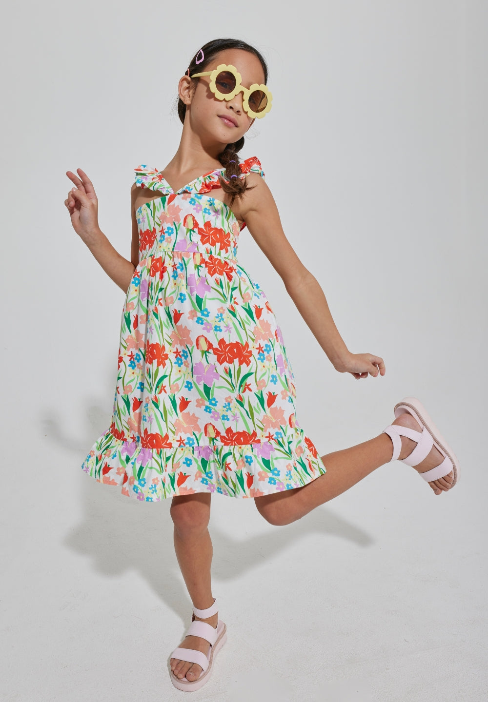 tween girls bright floral strappy dress with ruffles