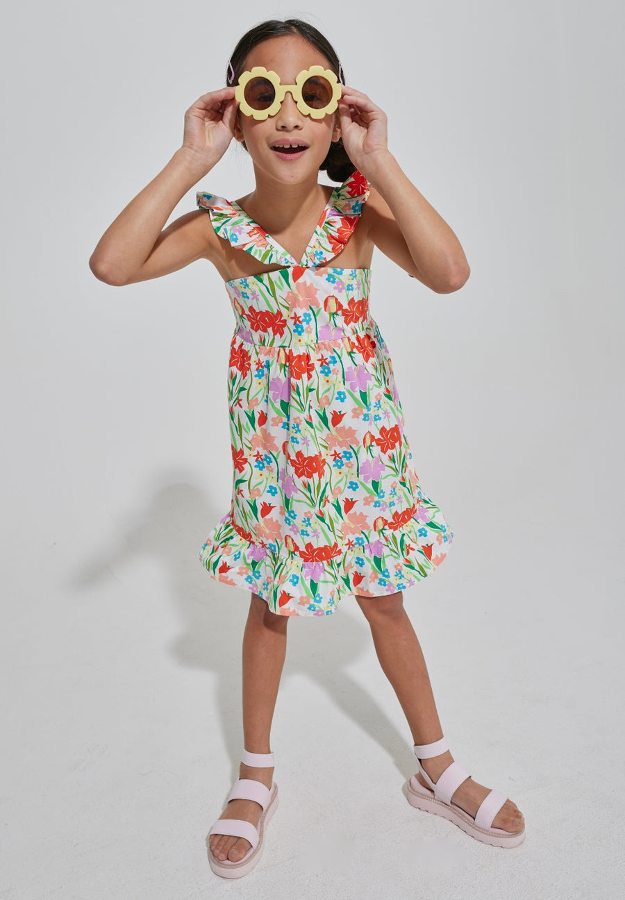 tween girls bright floral strappy dress with ruffles