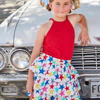 BISBY girl in our Red Halter Top paired perfectly with our mini skorts