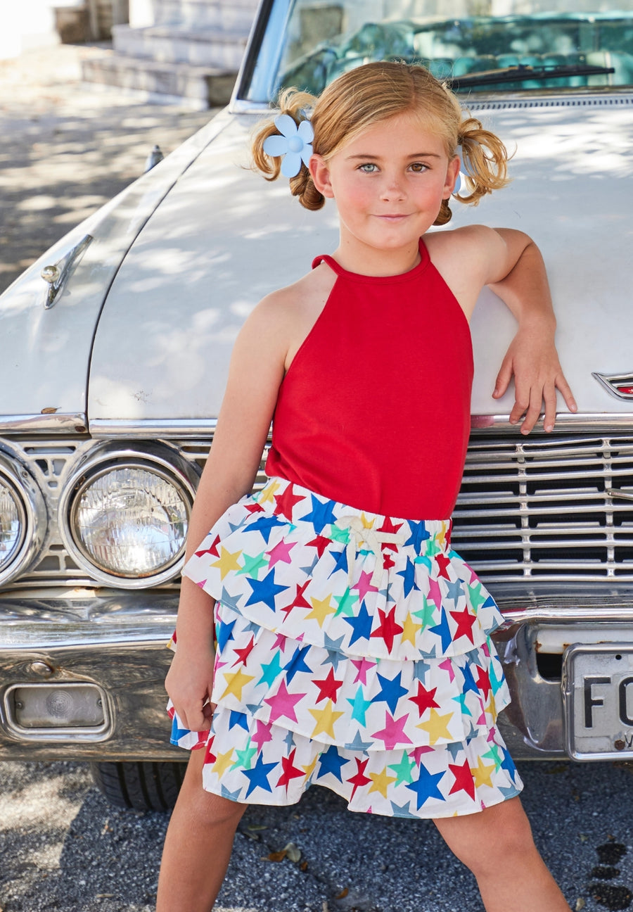 BISBY girl in our Red Halter Top paired perfectly with our mini skorts
