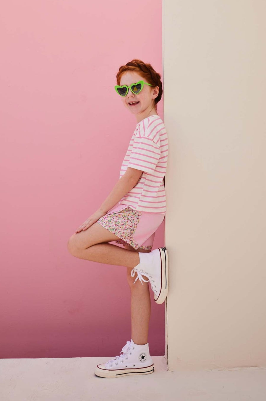 tween girls pink track shorts with floral detail on the sides