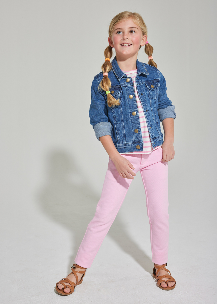 pink skinny pants for girls with jean jacket