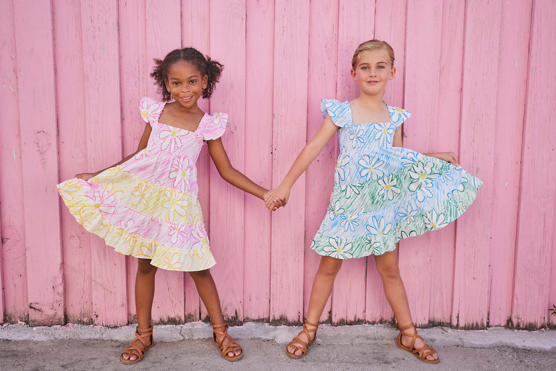 girls tween green and blue colorblock dress with ruffle sleeves with daisies 