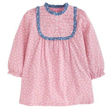cotton dress with pink pattern and blue trim for girls