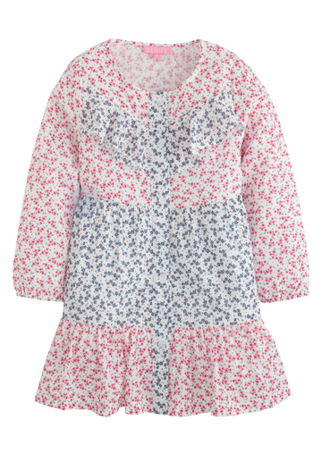 mixed blue and pink florals on long sleeve cotton ruffle dress for tweens