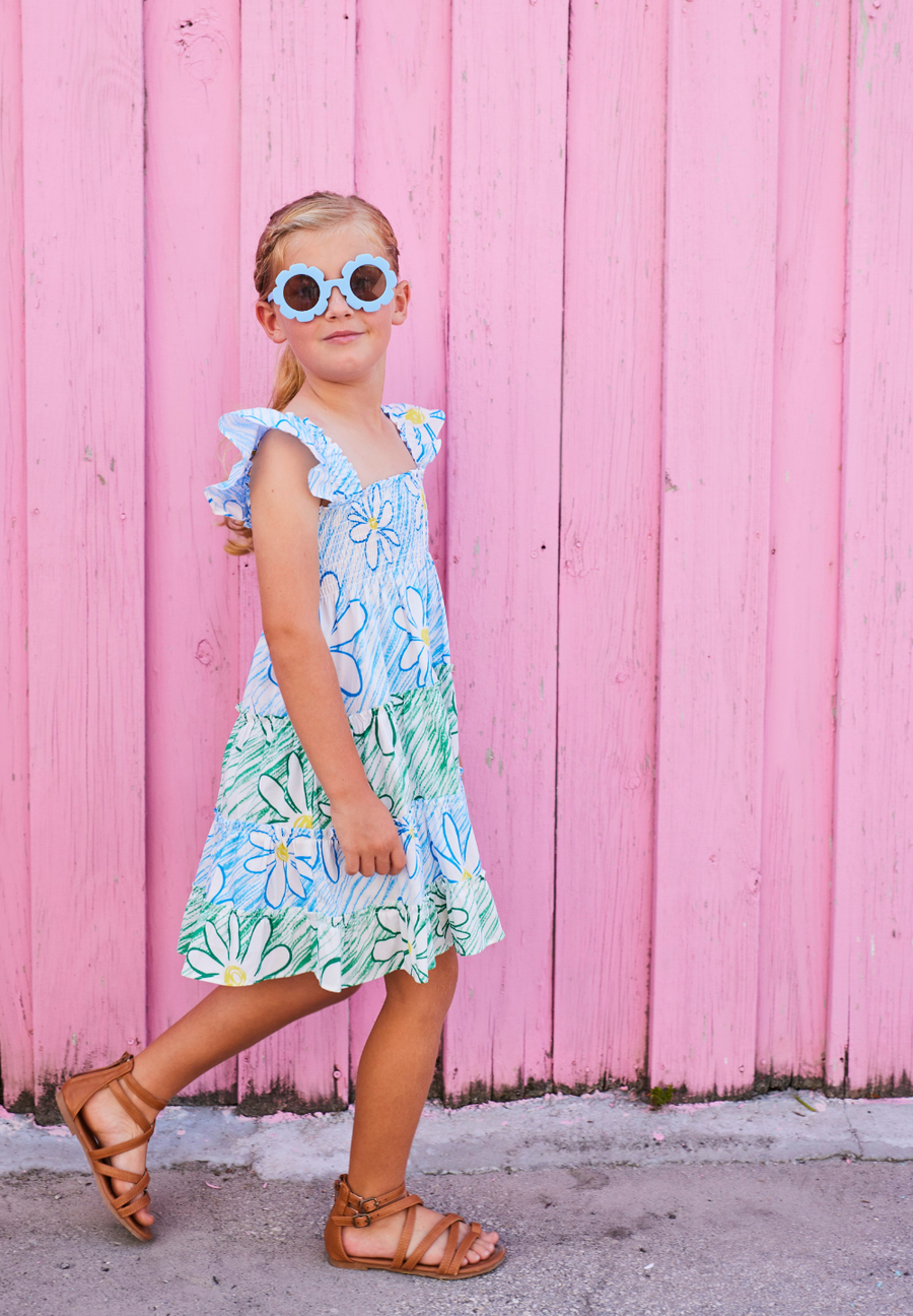 girls tween green and blue colorblock dress with ruffle sleeves with daisies 