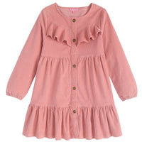 Light pink corduroy long sleeve snap front tiered dress for girls and tweens