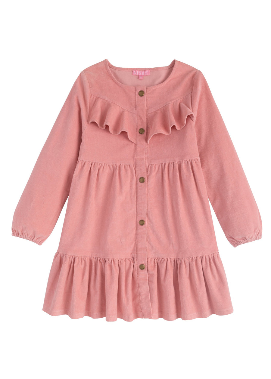 Light pink corduroy long sleeve snap front tiered dress for girls and tweens