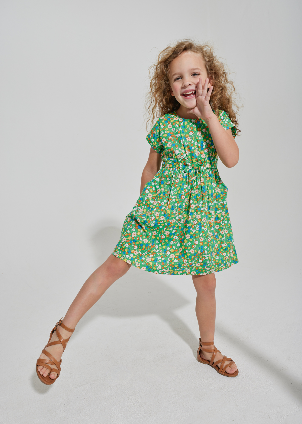 Kelly green woven floral dress for girls with pockets and elastic waist