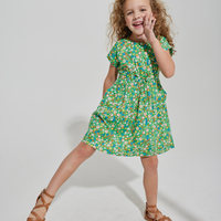 Kelly green woven floral dress for girls with pockets and elastic waist